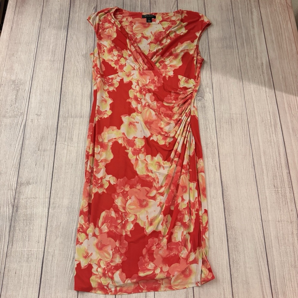 Lauren Ralph Lauren Dress Women's 14 Red Floral Ruched Faux Wrap Sheath Stretch